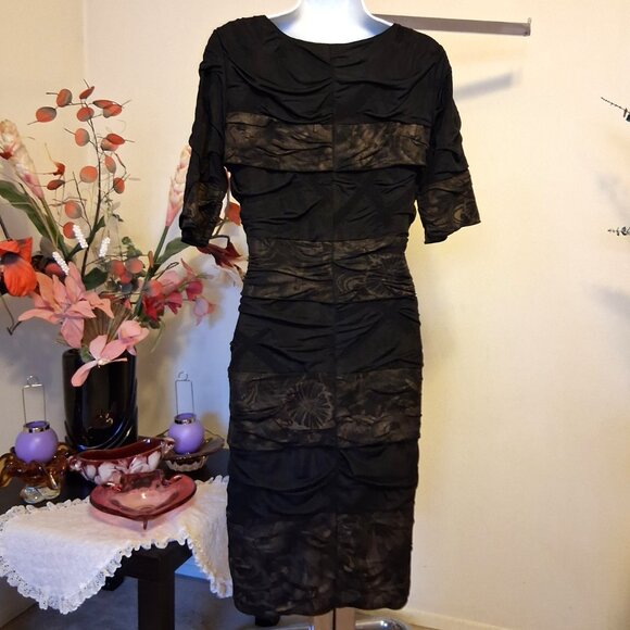 NWT Simon Chang Women's Well Tailored ¾ Sleeve Brown Gold Midi Lined Dress 8 M - Picture 6 of 11